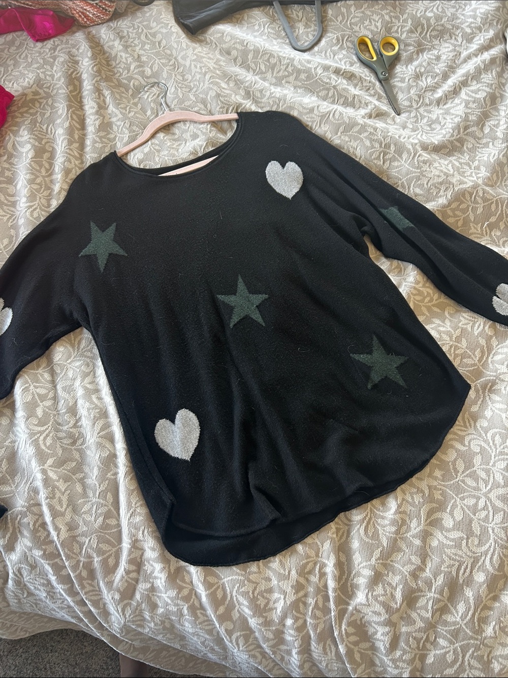 Rachel Zoe Black Long Sleeve Top with Silver Hearts and Green Stars
